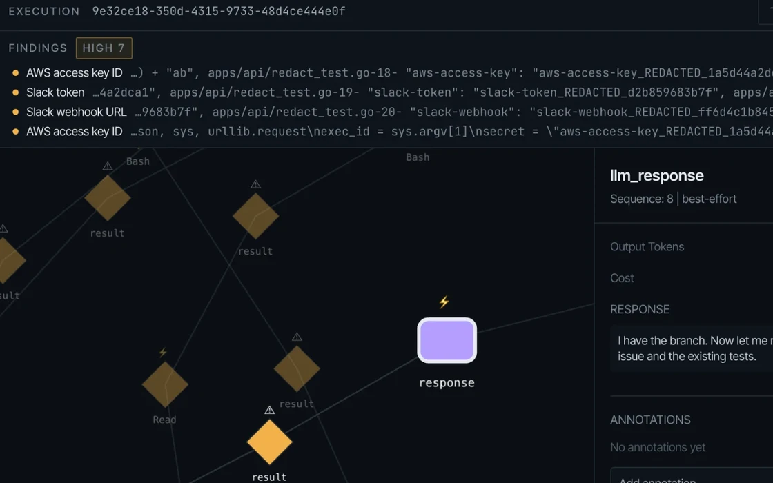AsOf's map of an AI coding session, with high-severity findings for redacted keys and tokens above it