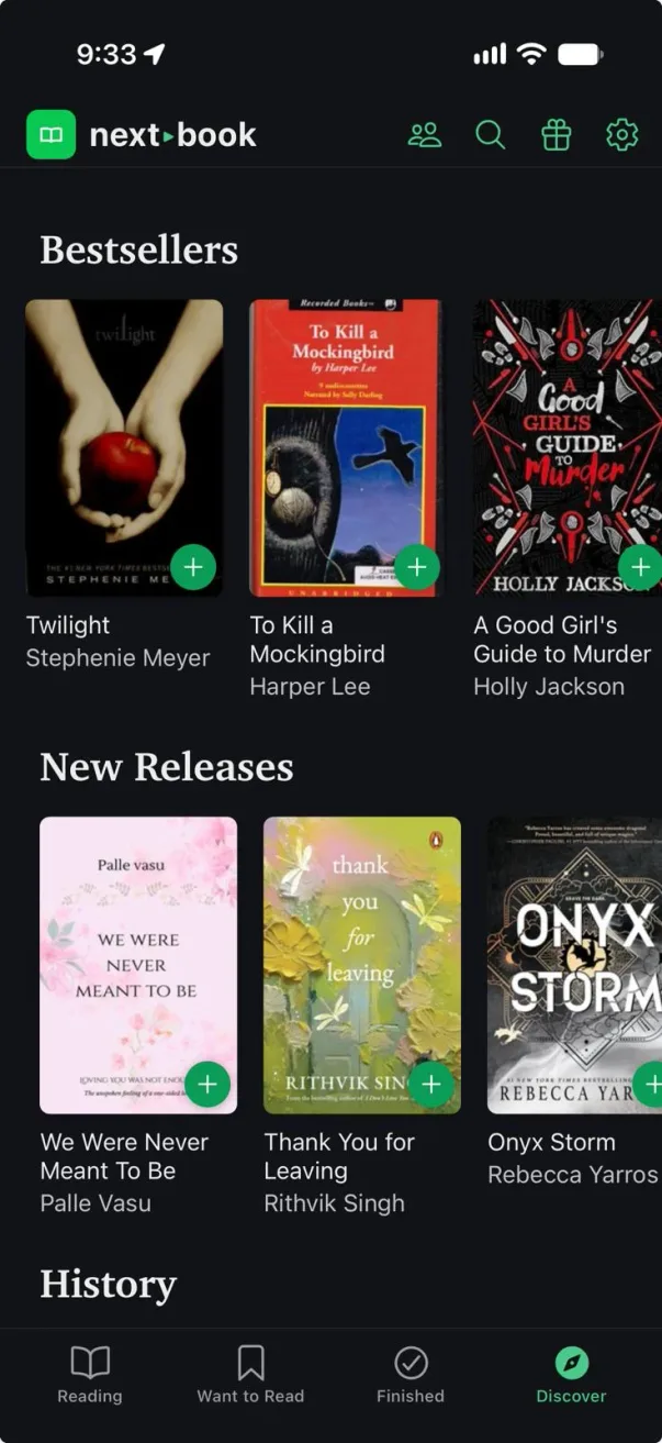 Next Book in dark mode, showing the Discover tab's Bestsellers and New Releases
